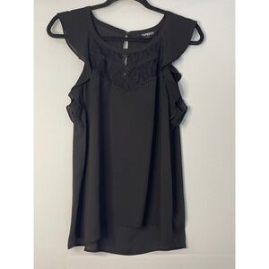Express Black Lace Trim Ruffle Cold Shoulder Blouse‎ Women's Size Medium